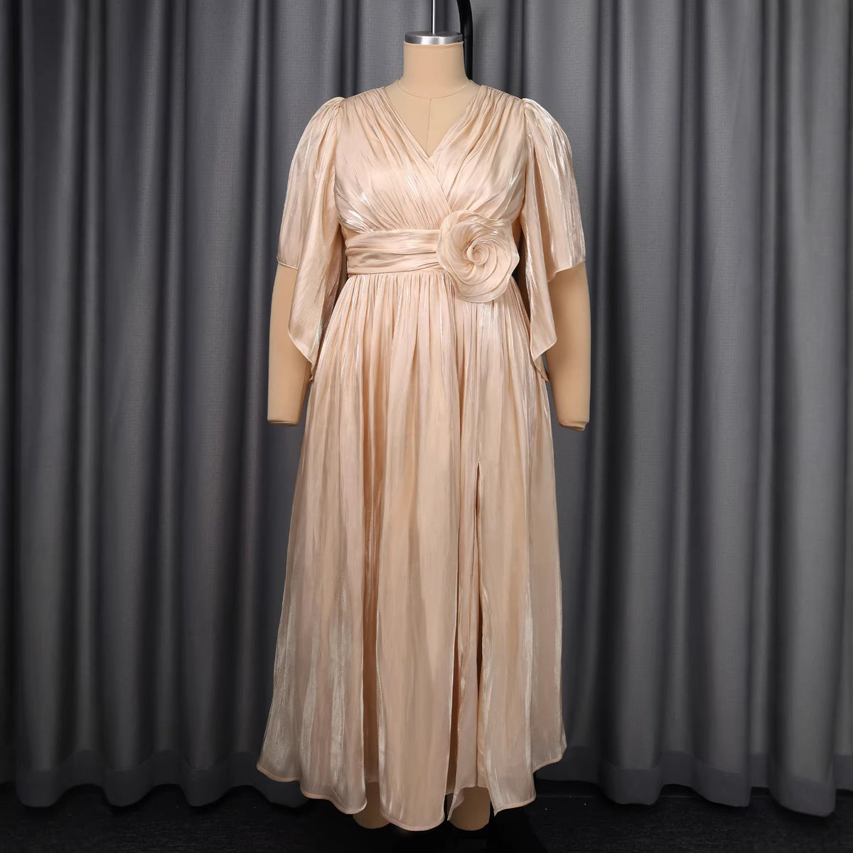 V-neck waist cinched slit dress