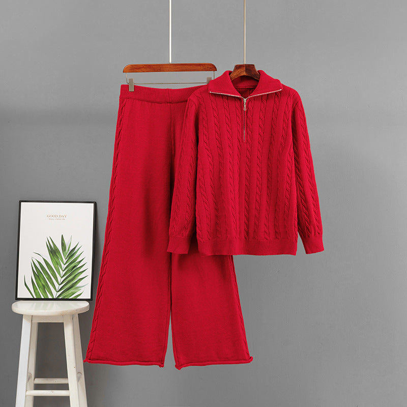 Half zip sweater loose wide leg pants two-piece set for women