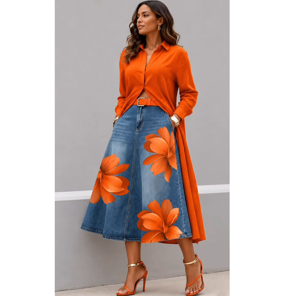 Style Floral Print Washed Denim High Waist Midi Skirt