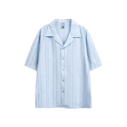 Striped Cuban Collar Short-Sleeve Shirt for Men Loose Casual Shirt