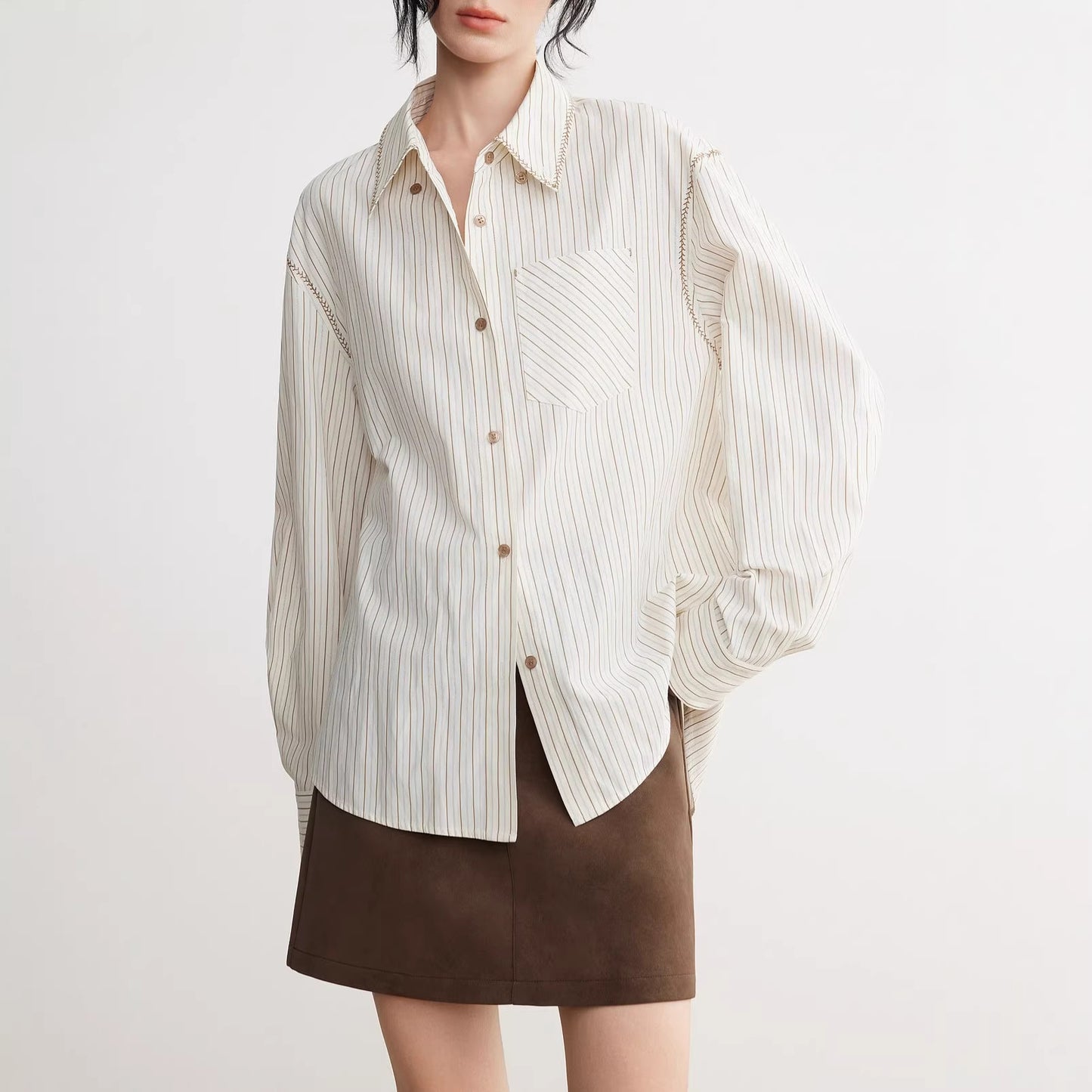 Stripe Splicing Long Sleeve Shirt Women Office Casual Blouse