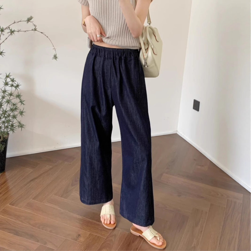 Deep Blue Lightweight Tencel Denim Pants Summer Elastic Waist Loose Fit Straight Leg Casual Pants for Women