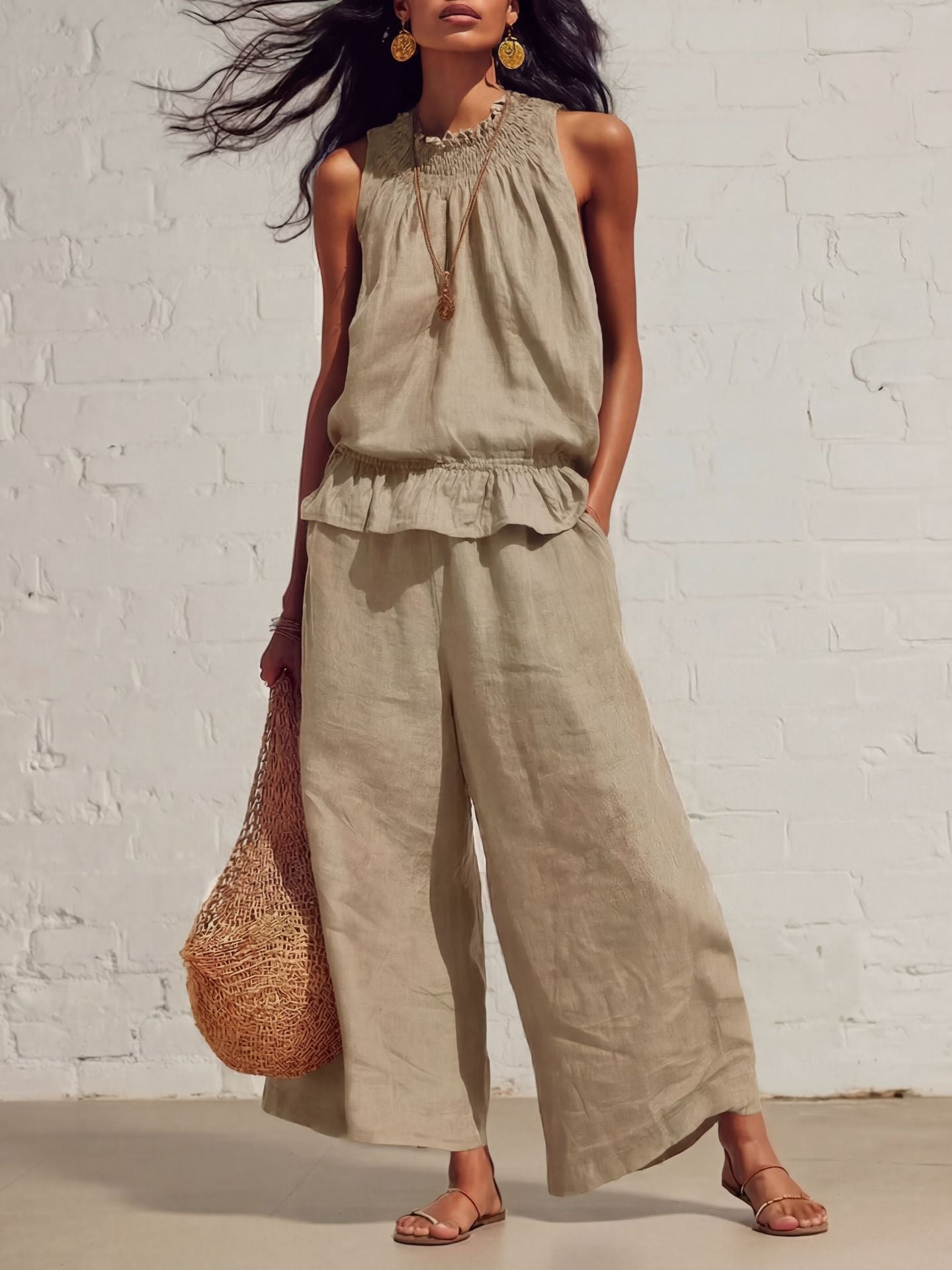 Amazon Cross-Border European and American Women's Clothing Retro Fashion Sleeveless Pleated Ruffle Top Wide-Leg Pants Cotton and Linen Two-Piece Set