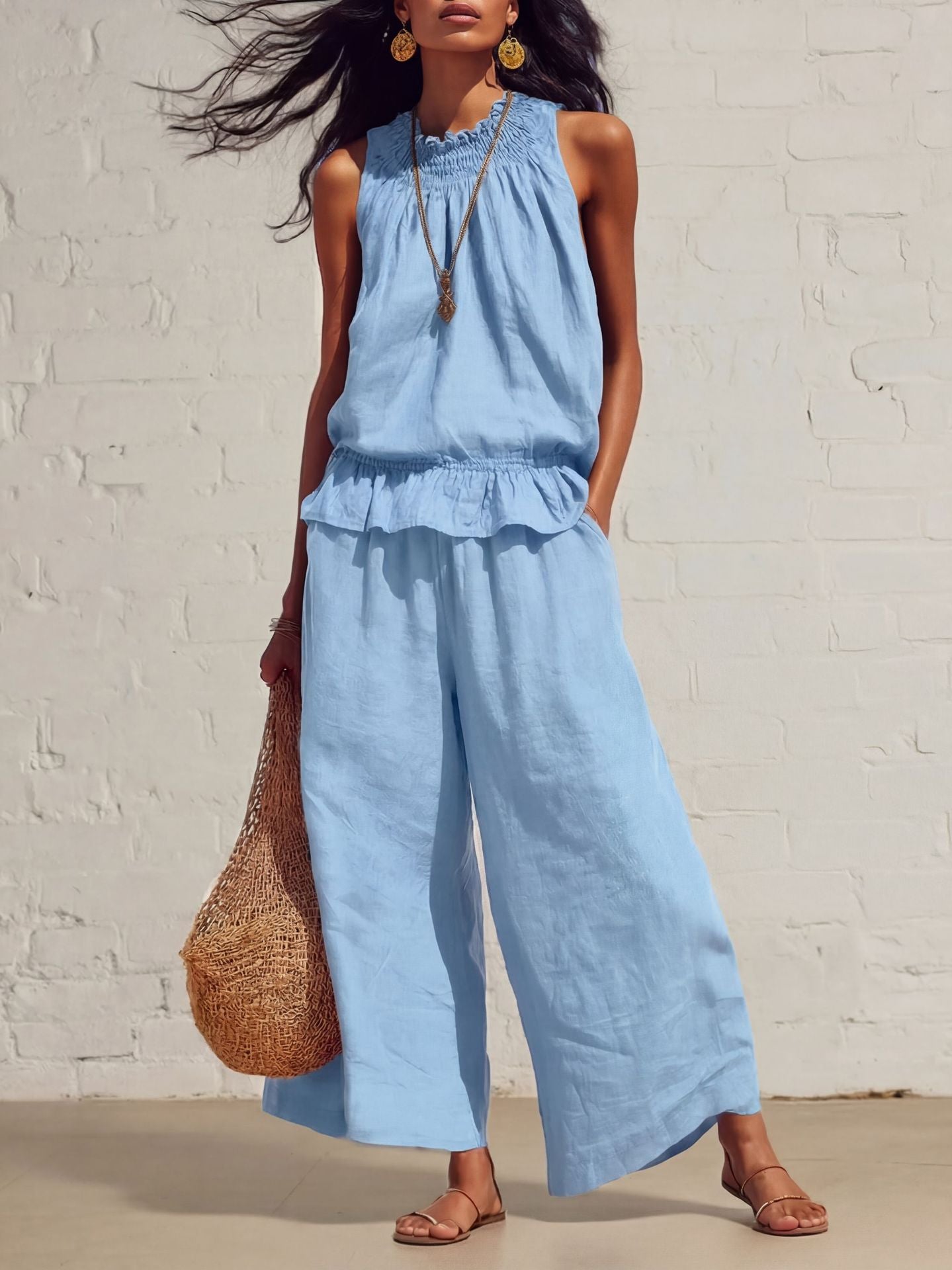 Amazon Cross-Border European and American Women's Clothing Retro Fashion Sleeveless Pleated Ruffle Top Wide-Leg Pants Cotton and Linen Two-Piece Set