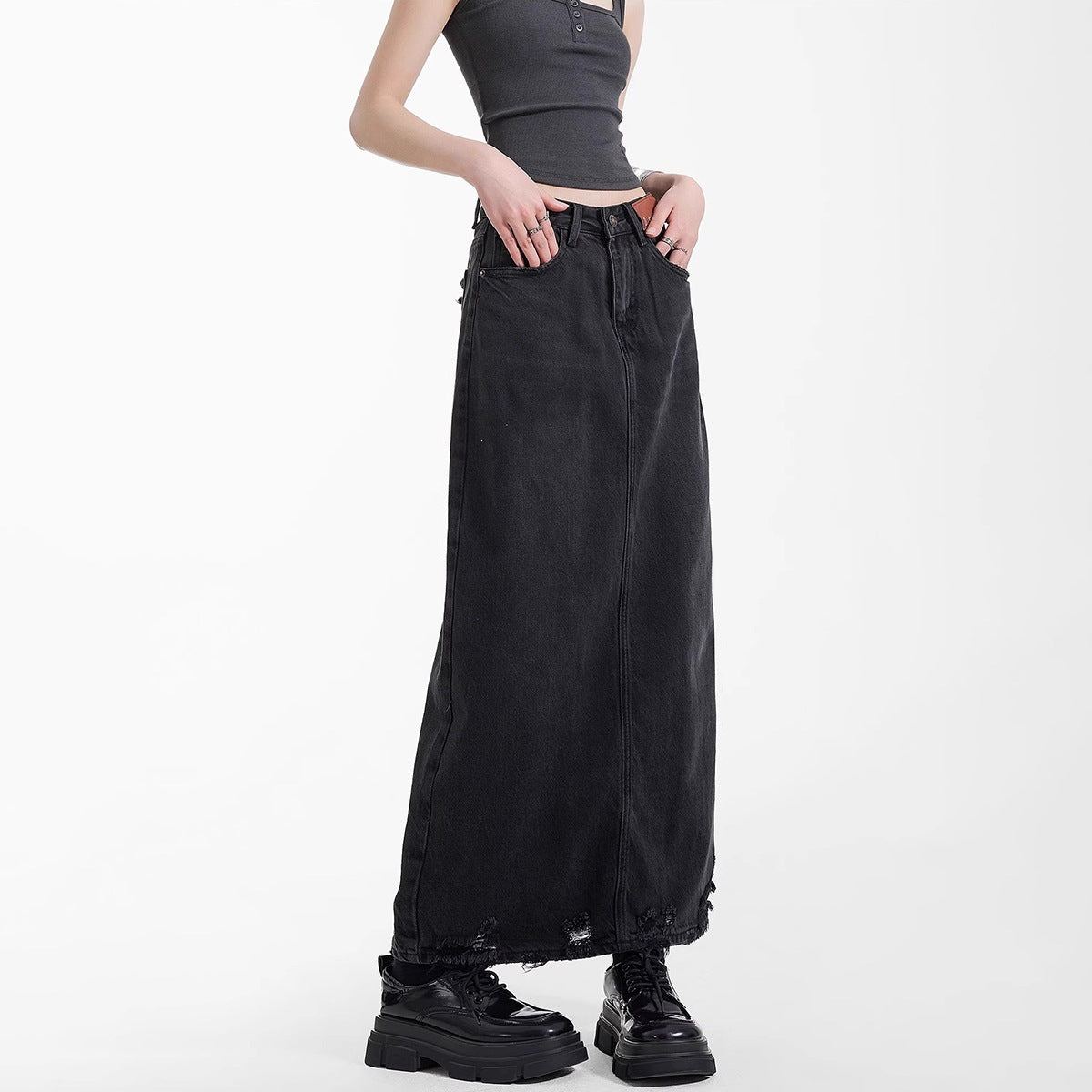 2026 New Style Denim Skirt for Women, Spring Vintage High-Waisted Slit Washed Mid-Length Fringed A-Line Bodycon Skirt
