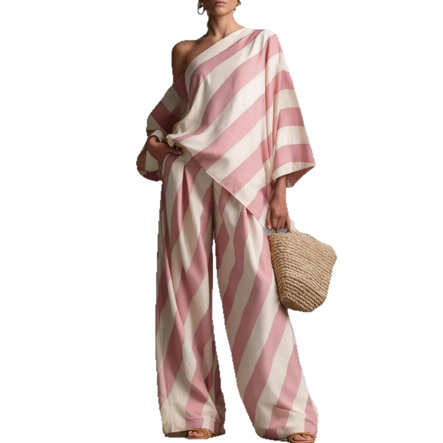 2026 Amazon Foreign Trade New Product Retro Striped Print Fashion Top and Wide-Leg Pants Set Summer Women's Set