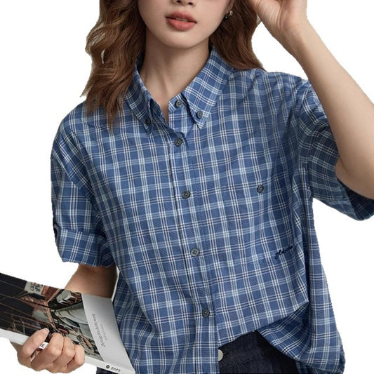 Blue Checkered Polo Neck Short Sleeve Shirt for Women, Slim Fit, Elegant Style Top
