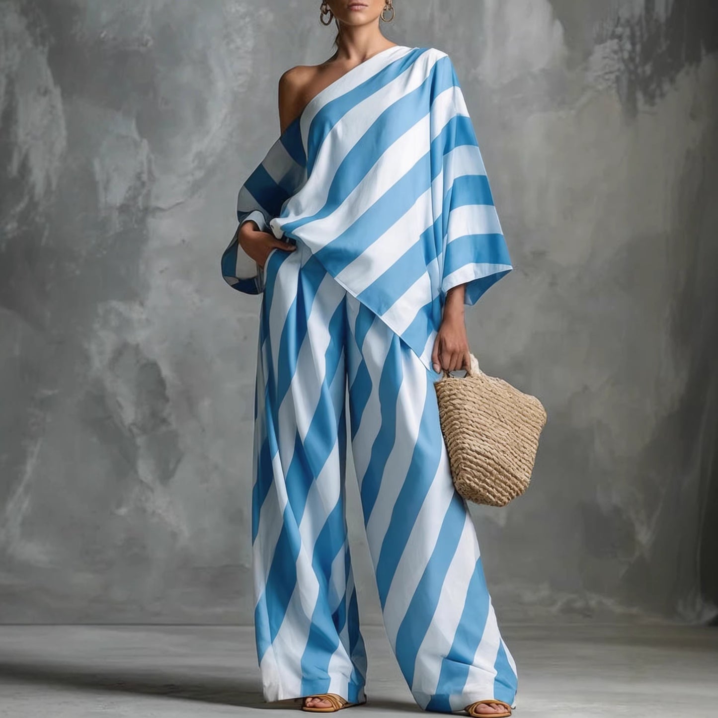 2026 Amazon Foreign Trade New Product Retro Striped Print Fashion Top and Wide-Leg Pants Set Summer Women's Set