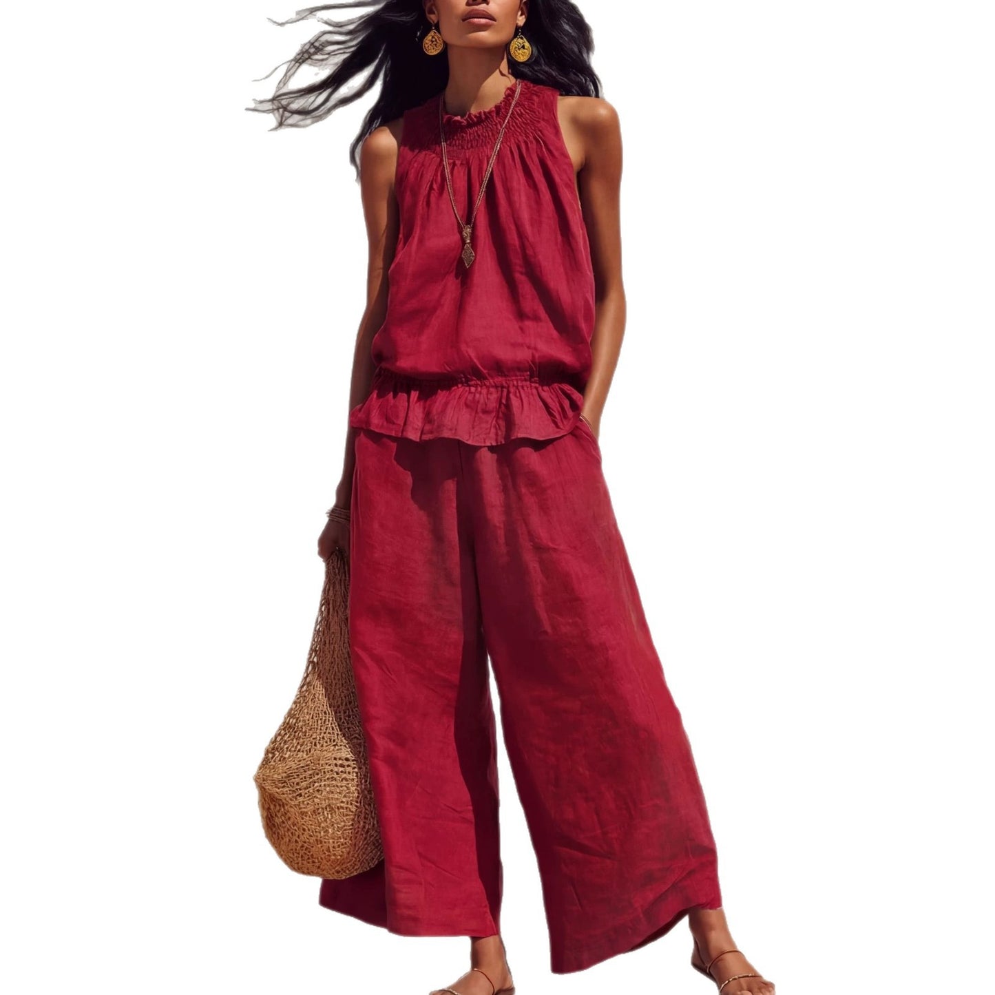 Amazon Cross-Border European and American Women's Clothing Retro Fashion Sleeveless Pleated Ruffle Top Wide-Leg Pants Cotton and Linen Two-Piece Set
