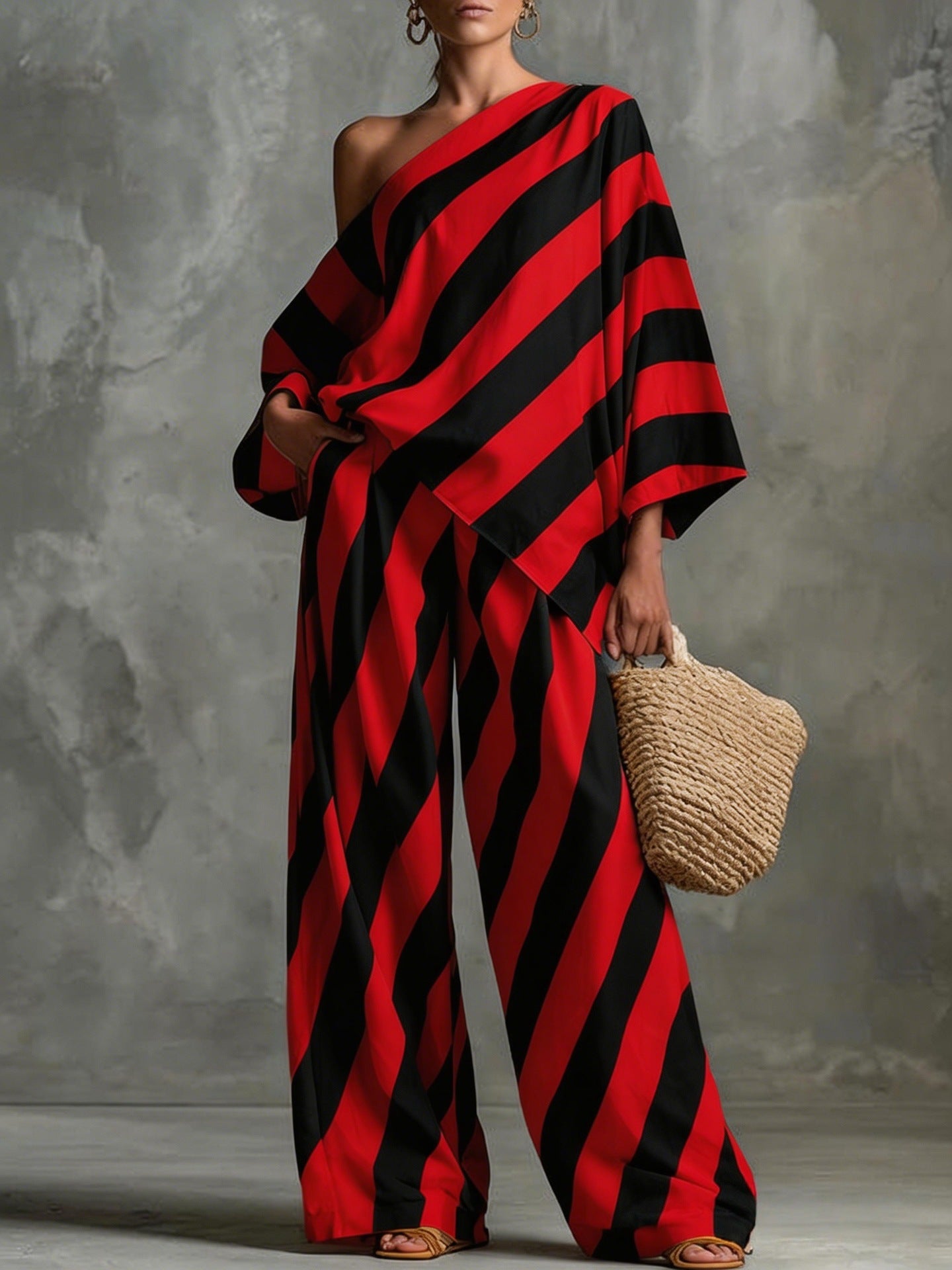 2026 Amazon Foreign Trade New Product Retro Striped Print Fashion Top and Wide-Leg Pants Set Summer Women's Set