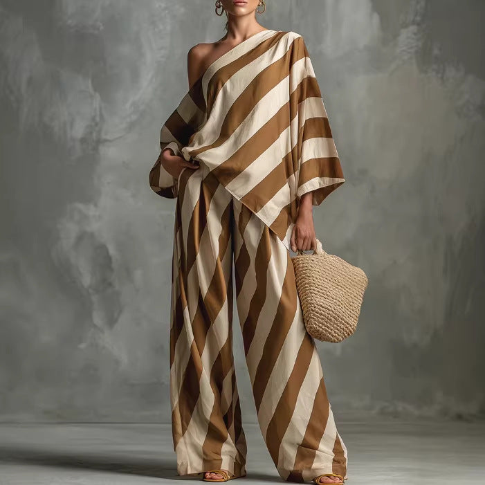2026 Amazon Foreign Trade New Product Retro Striped Print Fashion Top and Wide-Leg Pants Set Summer Women's Set
