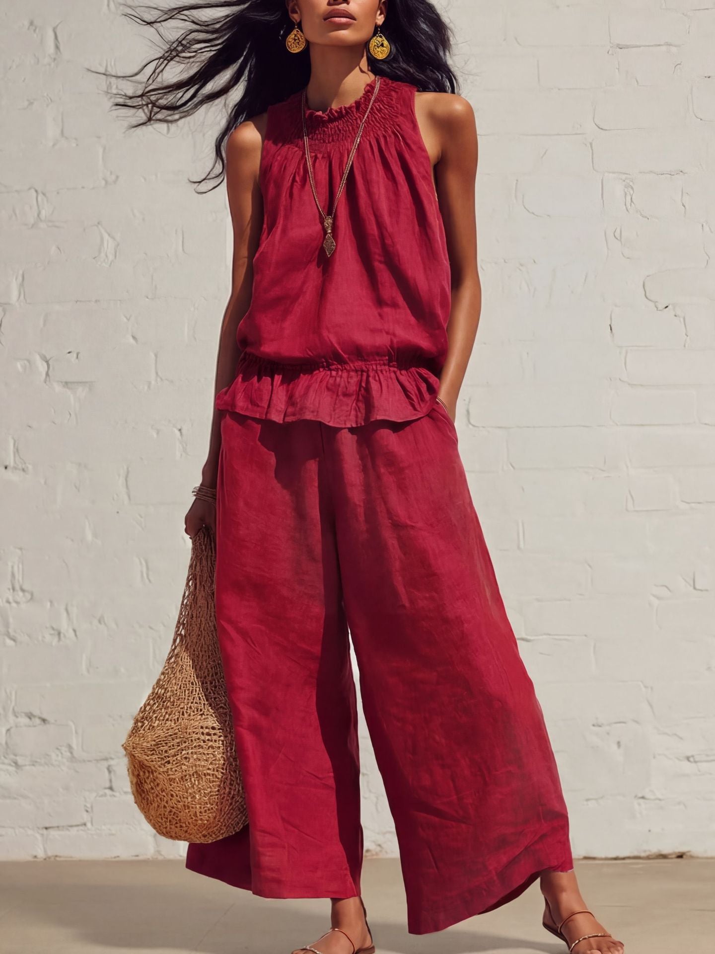 Amazon Cross-Border European and American Women's Clothing Retro Fashion Sleeveless Pleated Ruffle Top Wide-Leg Pants Cotton and Linen Two-Piece Set