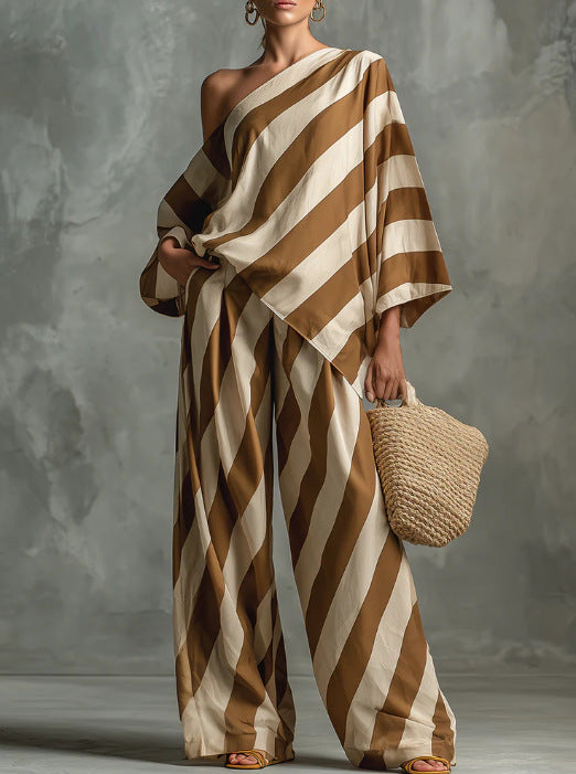 2026 Amazon Foreign Trade New Product Retro Striped Print Fashion Top and Wide-Leg Pants Set Summer Women's Set