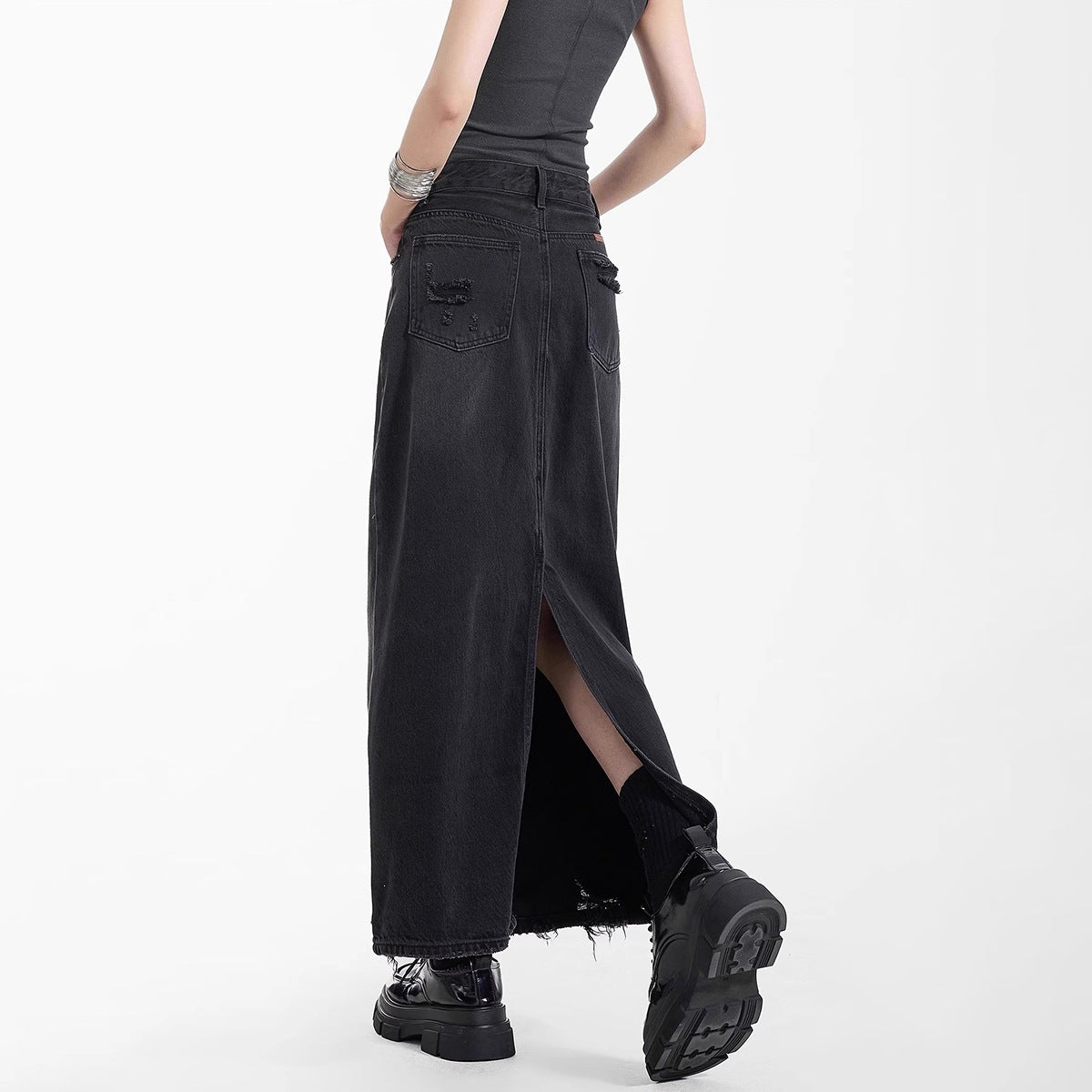 2026 New Style Denim Skirt for Women, Spring Vintage High-Waisted Slit Washed Mid-Length Fringed A-Line Bodycon Skirt