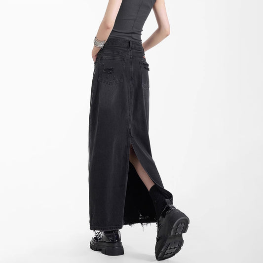 2026 New Style Denim Skirt for Women, Spring Vintage High-Waisted Slit Washed Mid-Length Fringed A-Line Bodycon Skirt