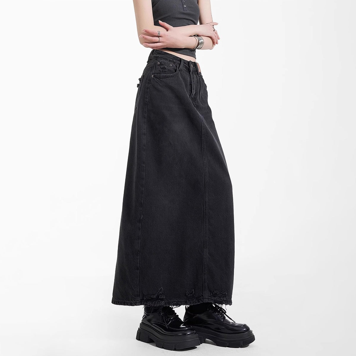 2026 New Style Denim Skirt for Women, Spring Vintage High-Waisted Slit Washed Mid-Length Fringed A-Line Bodycon Skirt