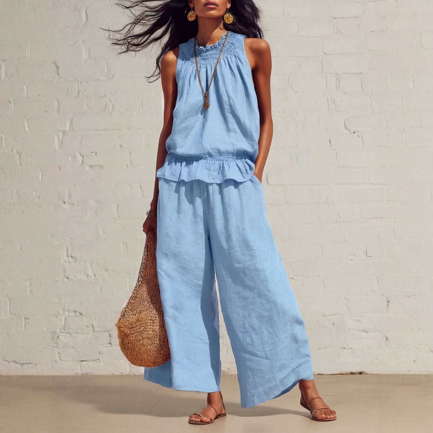 Amazon Cross-Border European and American Women's Clothing Retro Fashion Sleeveless Pleated Ruffle Top Wide-Leg Pants Cotton and Linen Two-Piece Set