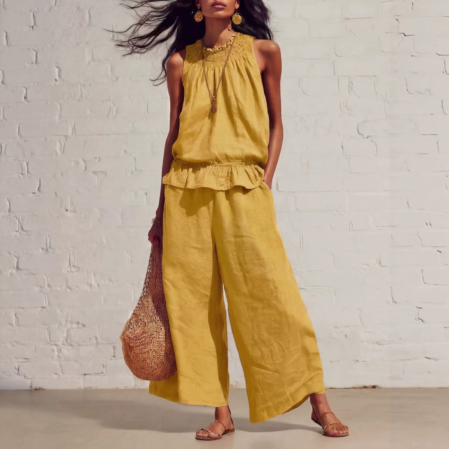 Amazon Cross-Border European and American Women's Clothing Retro Fashion Sleeveless Pleated Ruffle Top Wide-Leg Pants Cotton and Linen Two-Piece Set