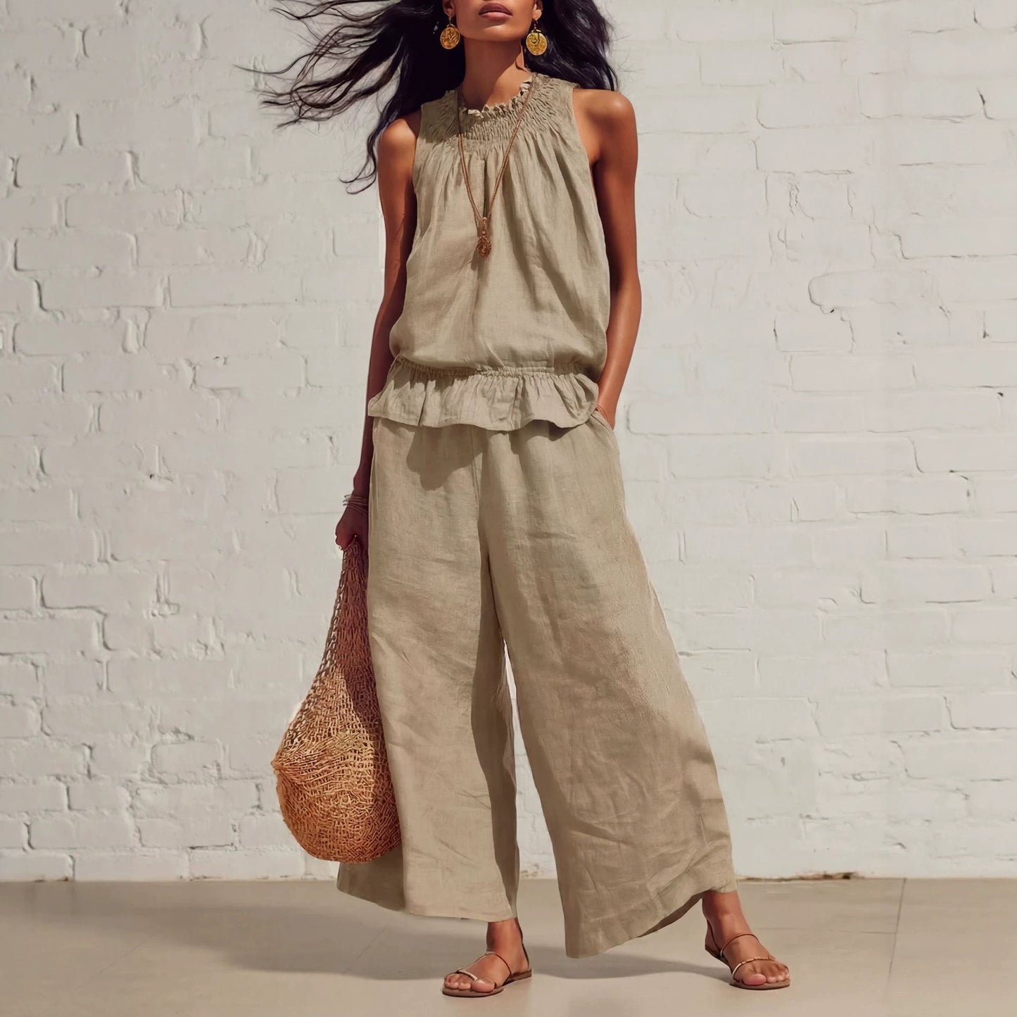 Amazon Cross-Border European and American Women's Clothing Retro Fashion Sleeveless Pleated Ruffle Top Wide-Leg Pants Cotton and Linen Two-Piece Set