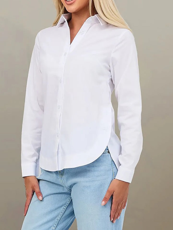 New Style Solid Color Women's Shirt with a Light Luxury Feel, European and American Cross-Border Amazon Style, Lapel Buttoned Long-Sleeve Cardigan Wholesale