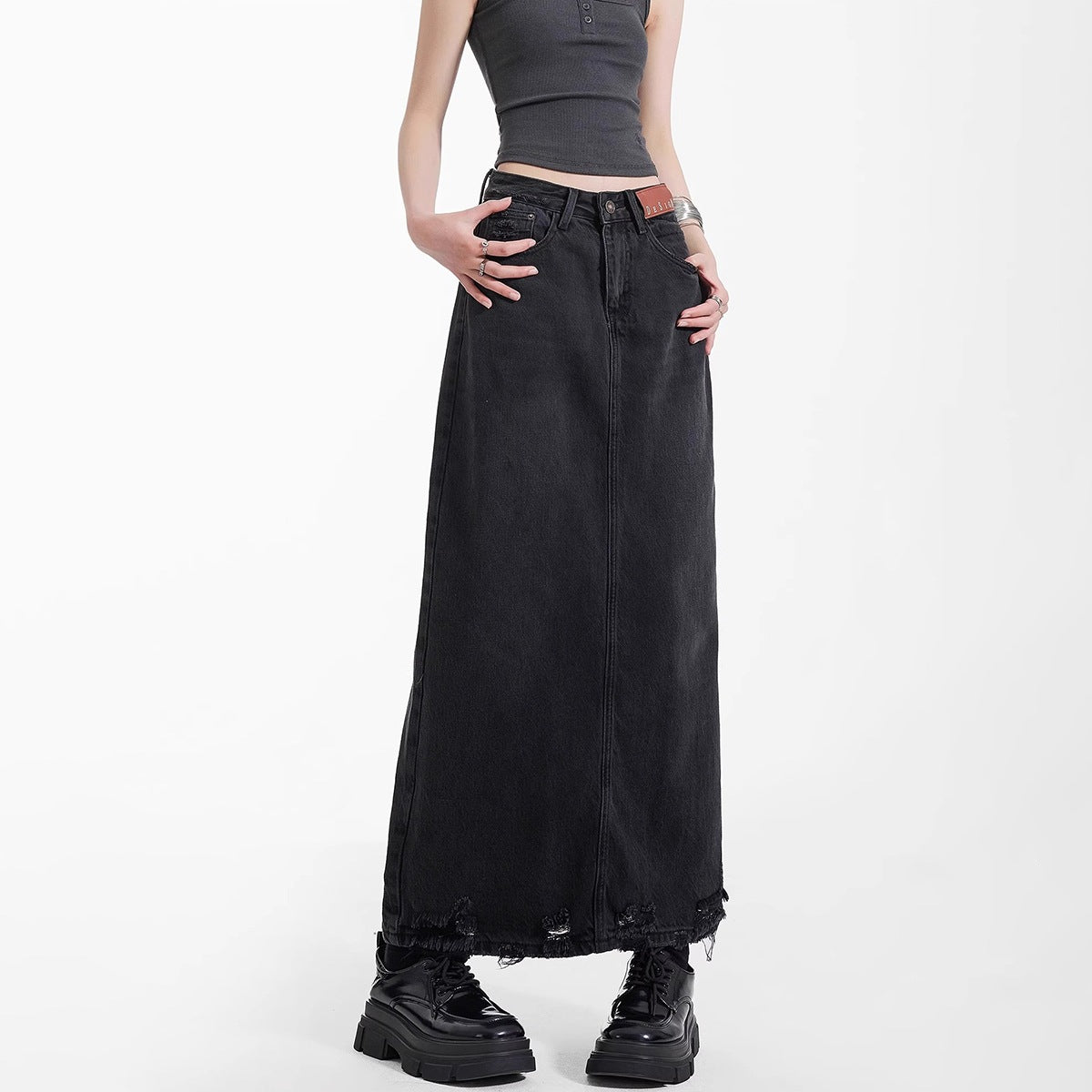 2026 New Style Denim Skirt for Women, Spring Vintage High-Waisted Slit Washed Mid-Length Fringed A-Line Bodycon Skirt
