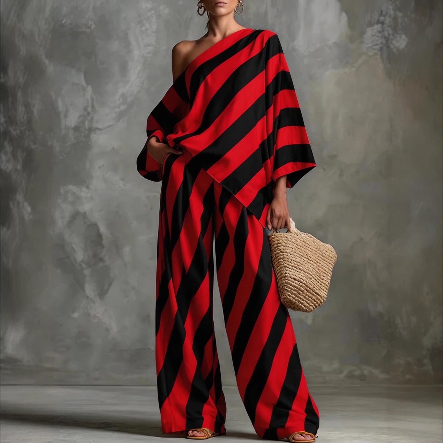 2026 Amazon Foreign Trade New Product Retro Striped Print Fashion Top and Wide-Leg Pants Set Summer Women's Set
