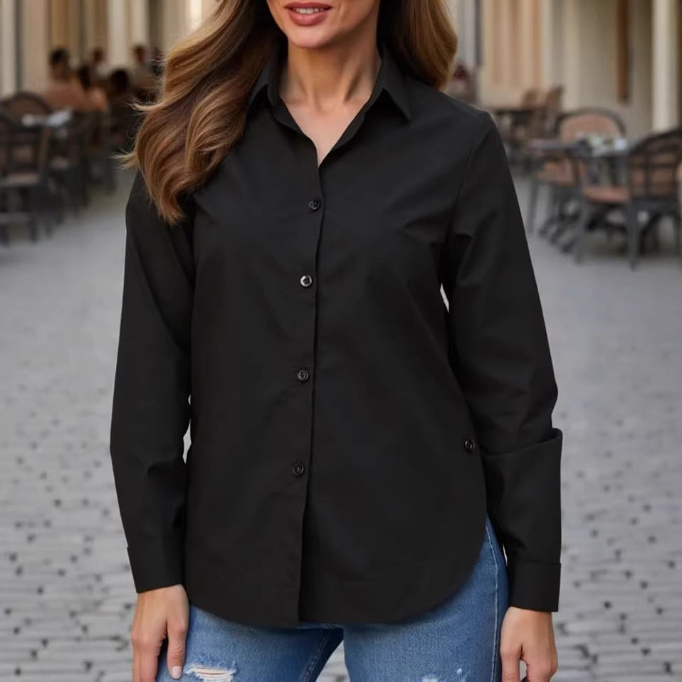 New Style Solid Color Women's Shirt with a Light Luxury Feel, European and American Cross-Border Amazon Style, Lapel Buttoned Long-Sleeve Cardigan Wholesale